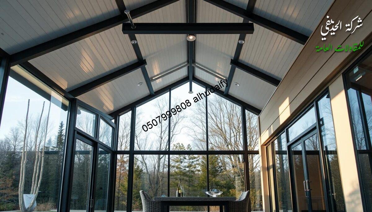 A modern, glass-enclosed exterior living space with insulated sandwich panel walls and ceilings. The structure features clean lines, sleek design, and abundant natural light, creating an atmosphere of quality, precision, and craftsmanship. A meticulously engineered framework supports the glass panels, conveying a sense of structural integrity and attention to detail. Soft, diffused lighting casts a warm glow, highlighting the seamless integration of materials and the overall commitment to quality assurance. The scene evokes a sense of durability, reliability, and the unwavering dedication to excellence that defines the construction company's approach.