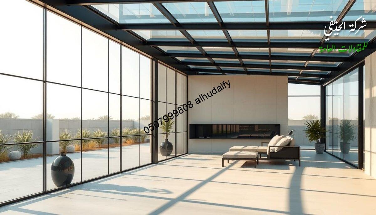 A modern glass-enclosed outdoor living space with insulated sandwich panel walls and ceilings, showcasing high-quality building materials used in construction projects across Saudi Arabia. The space features ample natural light, minimalist design, and a harmonious blend of glass, metal, and engineered panels. Soft shadows cast by the lighting create a warm, inviting ambiance, highlighting the quality craftsmanship and attention to detail. The image should convey a sense of sophistication, durability, and the pursuit of excellence in building design and execution.