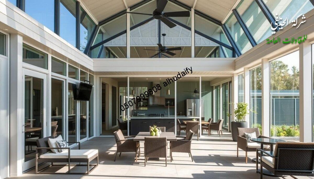 A modern glass-enclosed outdoor lounge and dining area, with insulated sandwich panel walls and ceiling, meticulously constructed to the highest quality standards. The space features abundant natural light, creating a warm and inviting atmosphere. Carefully selected furniture, fixtures, and finishes harmonize to showcase the seamless integration of form and function. The attention to detail and commitment to craftsmanship are evident in every aspect, reflecting the dedication to quality assurance and execution throughout the building process.