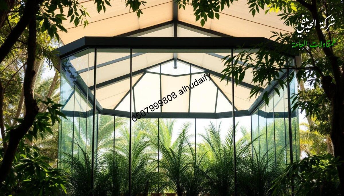 A modern glass gazebo with insulated sandwich panel walls and ceilings, nestled in a lush, natural setting. The structure features clean lines, ample natural lighting, and a serene atmosphere, emphasizing the importance of quality insulation and construction in Saudi Arabian architecture. The scene conveys a sense of comfort, energy efficiency, and harmonious integration with the surrounding environment. A modern glass gazebo with insulated sandwich panel walls and ceilings, nestled in a lush, natural setting. The structure features clean lines, ample natural lighting, and a serene atmosphere, emphasizing the importance of quality insulation and construction in Saudi Arabian architecture. The scene conveys a sense of comfort, energy efficiency, and harmonious integration with the surrounding environment.