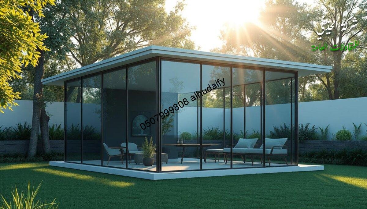 A modern glass room design with sleek and minimalist aesthetic. Showcasing a minimalist glass facade with clean lines and a balanced composition. The structure is surrounded by a lush, verdant landscape, creating a harmonious blend of nature and architecture. Sunlight streams through the glass panels, casting a warm glow and creating a serene, calming atmosphere. The glass walls are supported by a subtle metal frame, adding to the overall refined and elegant look. The layout features a spacious, open-plan layout that seamlessly integrates indoor and outdoor spaces. This design offers a perfect balance of privacy and connectivity, making it an ideal choice for contemporary homes in the Eastern region of Saudi Arabia.