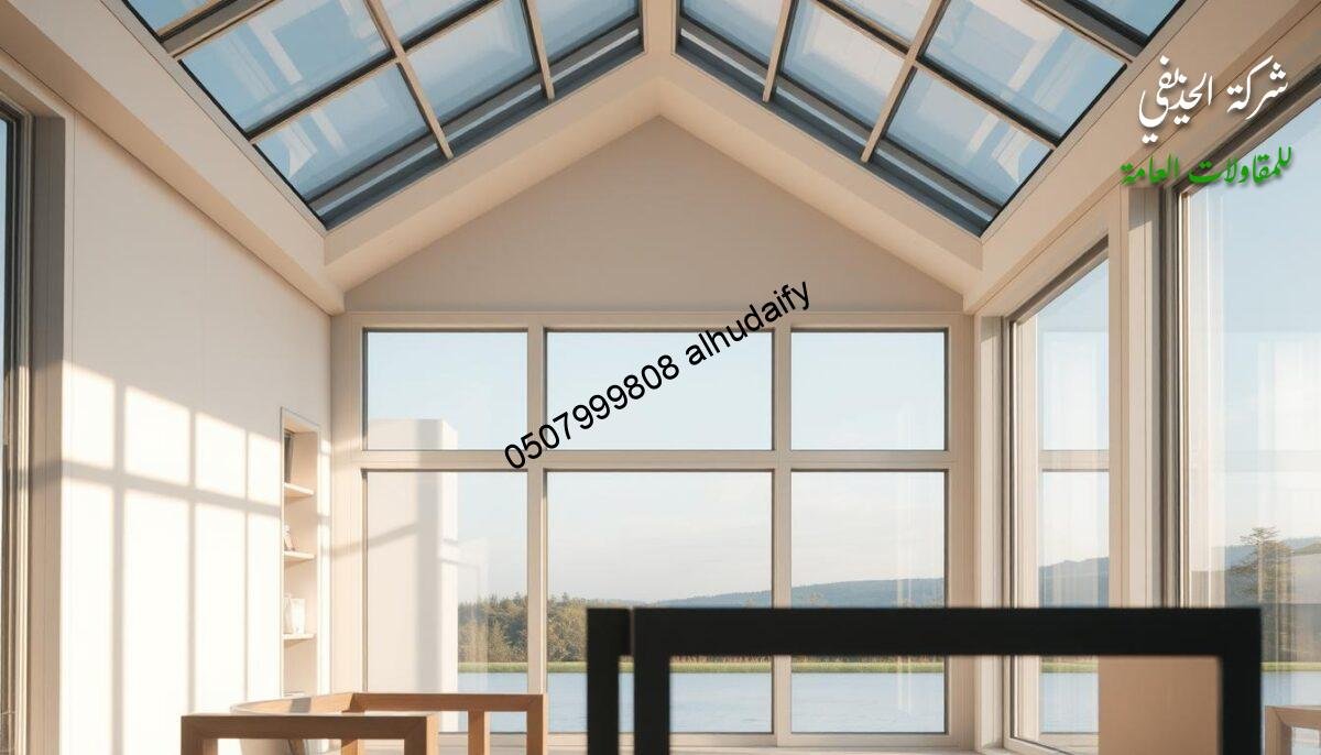 A modern glass room with a sleek, minimalist design. Sturdy sandwich panels form the walls and ceiling, providing exceptional insulation and weather resistance. Sunlight streams through the glass, illuminating the space with a warm, inviting glow. The room's clean lines and neutral color palette create a luxurious, refined ambiance. In the foreground, a subtle arrangement of architectural elements, such as door frames or decorative moldings, add visual interest and depth. The background features a serene outdoor scene, seamlessly blending the indoor and outdoor spaces. The overall composition conveys a sense of durability, comfort, and elegant simplicity, perfectly capturing the essence of "ضمانات التنفيذ" for this modern glass room design.