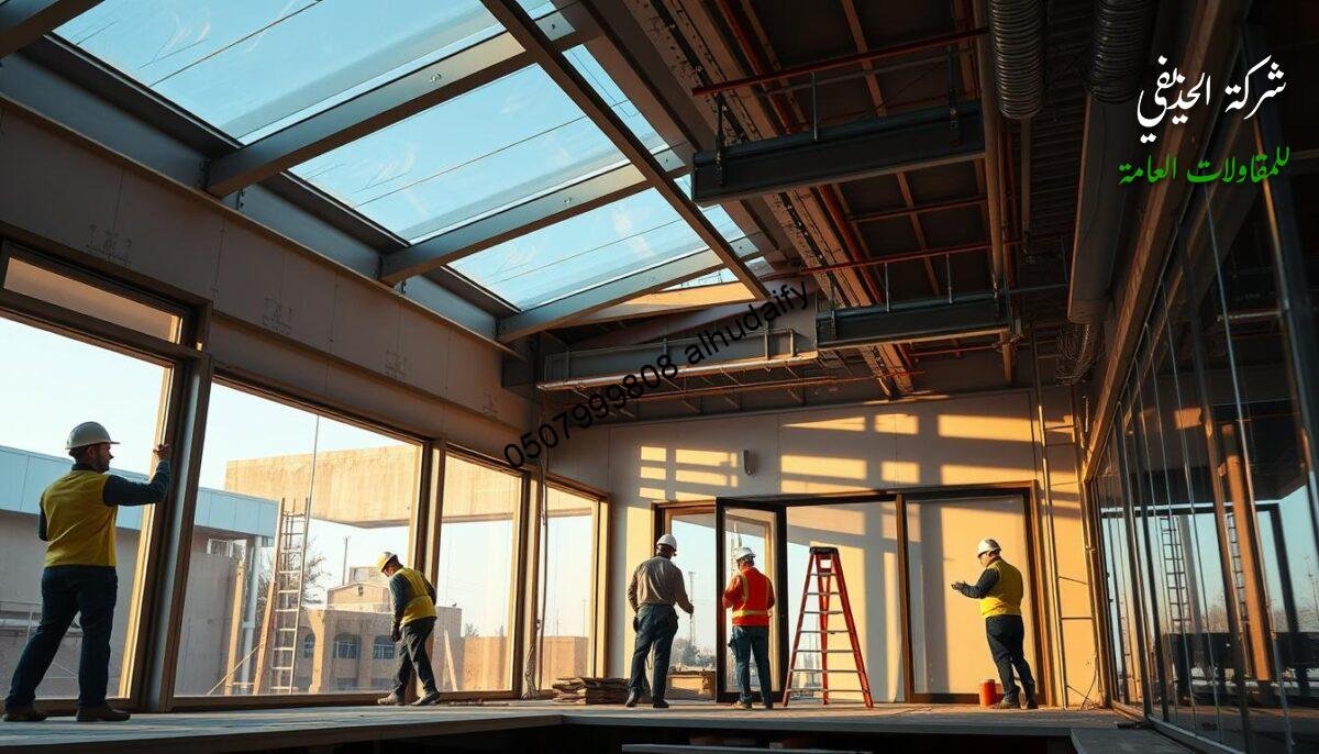 A modern, high-quality commercial construction site featuring a team of skilled tradespeople carefully installing an array of insulated sandwich panel walls and ceilings to create a luxurious, temperature-controlled glass-enclosed exterior space. The scene exudes a sense of precision, attention to detail, and adherence to quality control measures. Warm, directional lighting casts long shadows, highlighting the intricate process and emphasizing the importance of meticulous workmanship. The end result is a visually striking, energy-efficient structure that seamlessly blends functionality and aesthetic appeal.