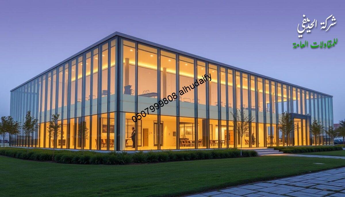 A modern, high-quality glass structure housing the offices of Al-Hatheyfi Contracting Services, a leading Saudi construction company. The building features a sleek, minimalist design with large, frameless glass walls and a flat, seamless roof. The exterior is illuminated by warm, indirect lighting, casting a soft glow and creating a welcoming, professional atmosphere. The building is situated in a lush, manicured landscape, with carefully placed greenery and paving stones leading to the main entrance. The overall impression is one of elegance, innovation, and attention to detail, reflecting the company's commitment to excellence in design and construction.