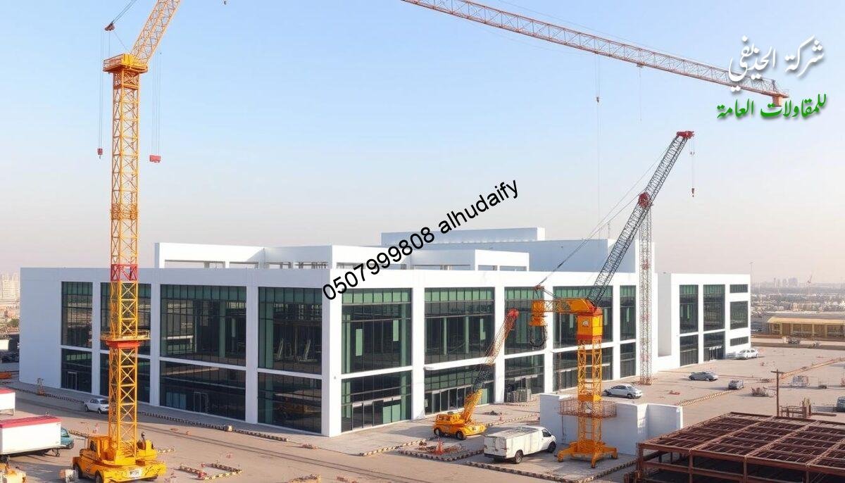 A modern industrial building complex with glass-enclosed annexes and insulated sandwich panel walls and roofs, situated in the bustling cities of Jubail, Al-Ahsa, and Dhahran. The structure features sleek, minimalist design with clean lines and ample natural lighting, creating a bright, airy atmosphere. Towering cranes and construction equipment in the foreground suggest an active, thriving construction site, while the background depicts the vibrant cityscape of the region. The overall scene conveys a sense of progress, innovation, and the expertise of the Hadeedi Company in providing comprehensive building and construction services.
