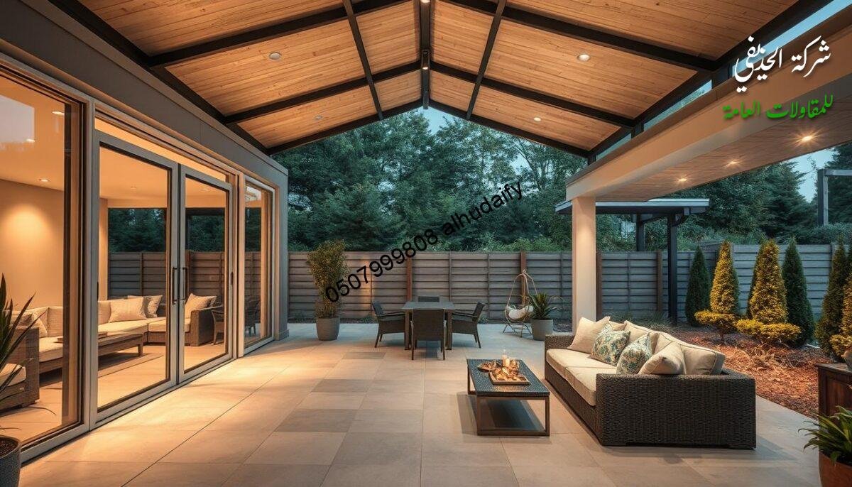 A modern, luxurious outdoor living space with glass-enclosed rooms and councils, featuring insulated walls and ceilings constructed with high-quality sandwich panels. The scene showcases the importance of proper insulation in building design, with a focus on energy efficiency, temperature regulation, and noise reduction. Soft, warm lighting illuminates the space, creating a cozy and inviting atmosphere. The image should convey a sense of sophistication, comfort, and attention to detail, highlighting the benefits of incorporating effective insulation in the construction of premium outdoor structures.