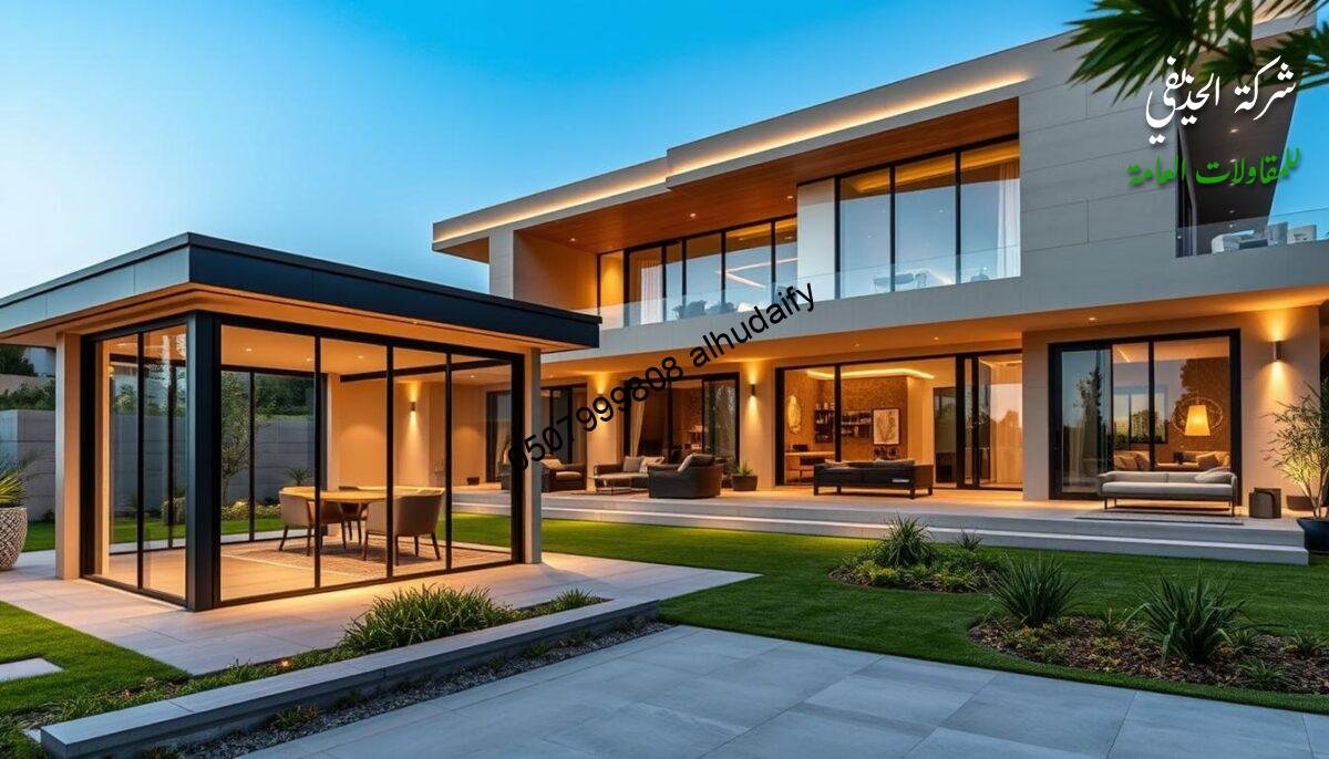 A modern, luxurious villa with seamlessly integrated outdoor living spaces. The foreground features an elegant, glass-enclosed patio, its walls and ceiling insulated with sleek sandwich panels, creating a harmonious blend of indoor and outdoor ambiance. The middle ground showcases a well-manicured landscape, with lush greenery and a calming water feature. In the background, the villa's striking architectural design, featuring clean lines and warm, earthy tones, stands as a testament to the exceptional craftsmanship of the builder. Soft, diffused lighting accentuates the villa's premium finishes, evoking a sense of sophistication and comfort. The overall scene radiates a serene, high-end atmosphere, perfectly capturing the essence of the "مميزات الخدمة المقدمة".