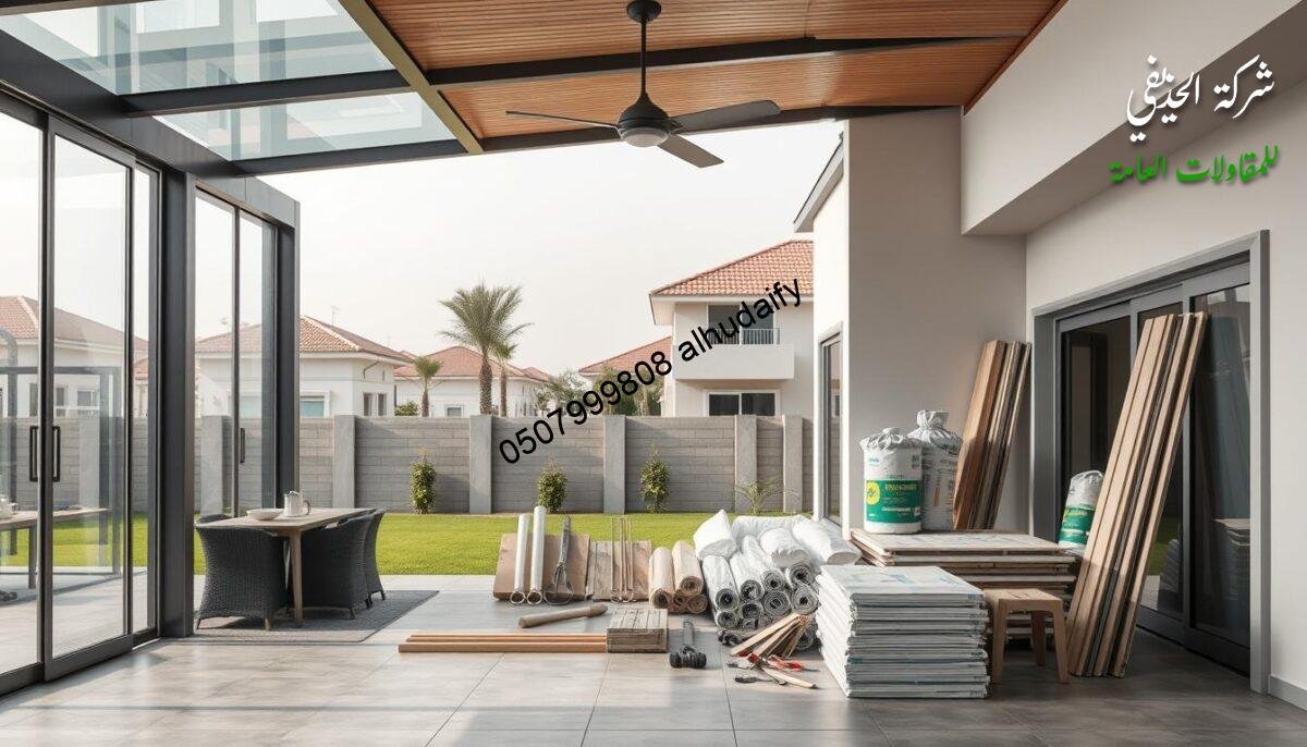 A modern, minimalist composition showcasing competitive construction and finishing services in Saudi Arabia. In the foreground, a contemporary glass-enclosed outdoor living space with sandwich panel walls and ceiling. The middle ground features a lineup of construction materials and tools, arranged neatly to highlight their quality and affordability. The background depicts a serene residential neighborhood, hinting at the broad range of renovation and building projects this service can accommodate. Soft, even lighting illuminates the scene, emphasizing the service's professionalism and attention to detail.