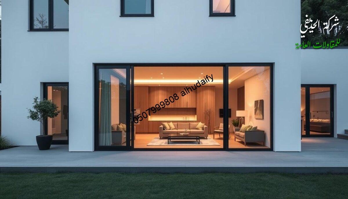 A modern, minimalist house facade with a sleek glass extension showcasing a warm, inviting living space. The design seamlessly blends indoor and outdoor living, featuring floor-to-ceiling windows that flood the room with natural light. The exterior walls are clad in clean, pale-toned sandwich panels, creating a cohesive, energy-efficient structure. The carefully curated furniture and decor elements exude a sense of sophistication and timeless elegance. The composition emphasizes the harmonious integration of form, function, and environmental considerations, providing a perfect example of a thoughtfully designed, contemporary residential space.