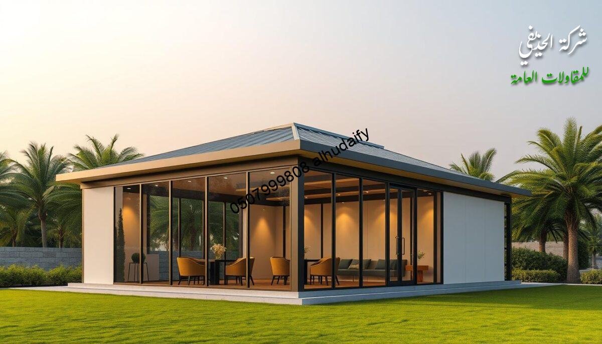 A modern outdoor commercial building with a glass-enclosed gazebo and lounge. The structure features insulated sandwich panel walls and ceilings, providing efficient thermal performance. The lighting is a warm, ambient glow, creating a cozy atmosphere. The building is set against a backdrop of a lush, verdant landscape, with a clean, minimalist architectural style that blends seamlessly with the surroundings. The materials used, such as steel, glass, and high-quality insulation, reflect a commitment to sustainable construction practices. The overall scene conveys a sense of elegant sophistication and contemporary design, perfectly suited for a commercial establishment in the Eastern region of Saudi Arabia.