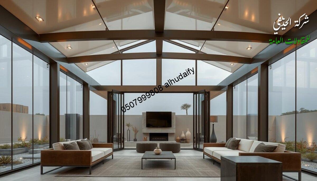 A modern outdoor glass enclosure for a living room, constructed with insulated sandwich panels in Saudi Arabia. The structure features sleek metallic beams and columns forming a geometric frame, allowing natural light to flood the interior. The design blends seamlessly with the surrounding landscape, creating a harmonious indoor-outdoor living experience. Soft, diffused lighting illuminates the space, complementing the warm, earthy tones of the materials. A sense of tranquility and sophistication permeates the scene, inviting one to appreciate the thoughtful execution and design of this unique architectural solution. A modern outdoor glass enclosure for a living room, constructed with insulated sandwich panels in Saudi Arabia. The structure features sleek metallic beams and columns forming a geometric frame, allowing natural light to flood the interior. The design blends seamlessly with the surrounding landscape, creating a harmonious indoor-outdoor living experience. Soft, diffused lighting illuminates the space, complementing the warm, earthy tones of the materials. A sense of tranquility and sophistication permeates the scene, inviting one to appreciate the thoughtful execution and design of this unique architectural solution.