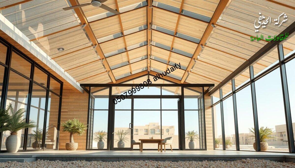 A modern outdoor glass room and gazebo construction with insulated sandwich panel walls and ceilings, showcasing the diverse building materials used in contemporary Saudi Arabian architecture. The scene features a well-lit, spacious interior with clean lines, natural textures, and a harmonious blend of glass, metal, and engineered composites. The foreground highlights the precise craftsmanship and attention to detail, while the middle ground showcases the versatility of the materials, and the background provides a sense of the structure's integration into the surrounding environment.