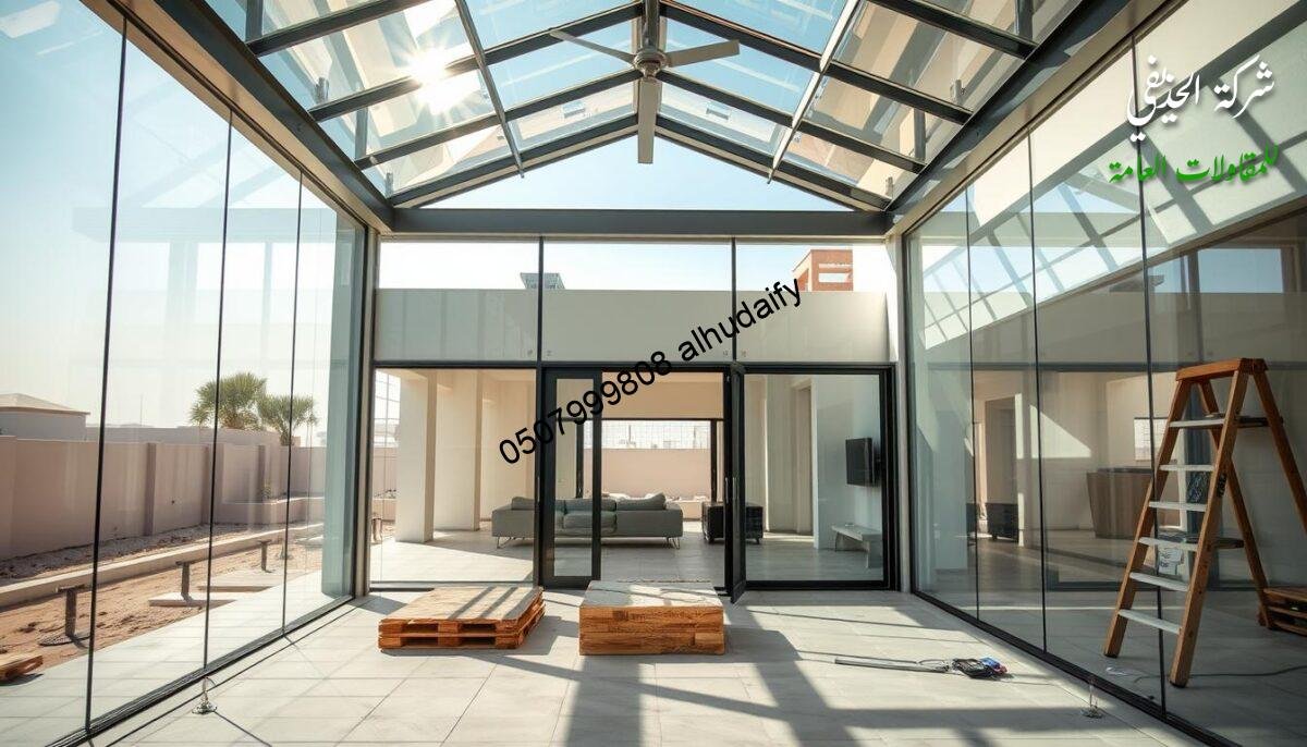 A modern outdoor glass room with isolated walls and ceiling panels, built as an extension to a villa or house in Saudi Arabia. The design features sleek, minimalist lines and a harmonious blend of glass, metal, and light-colored materials. Sunlight filters through the transparent walls, creating a serene and airy ambiance. The room is strategically positioned to offer unobstructed views of the surrounding landscape, seamlessly integrating the indoor and outdoor environments. The construction process showcases the attention to detail and technical precision required to create this functional and aesthetically pleasing living space.