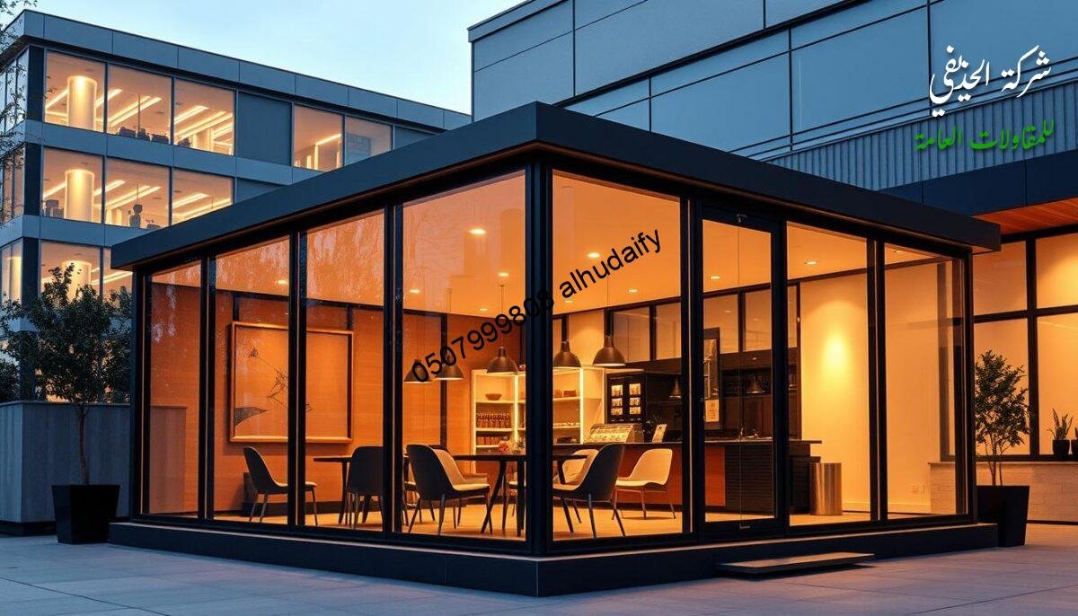 A modern outdoor glass room with sleek, insulated sandwich panel walls and ceilings, set against a backdrop of a contemporary commercial building. The room features clean, minimalist lines and a warm, inviting ambiance created by soft, diffused lighting. The design showcases a harmonious blend of functionality and aesthetic appeal, serving as a versatile space for various commercial activities. The image should convey a sense of sophistication, attention to detail, and a commitment to creating a comfortable, high-quality environment for the business.
