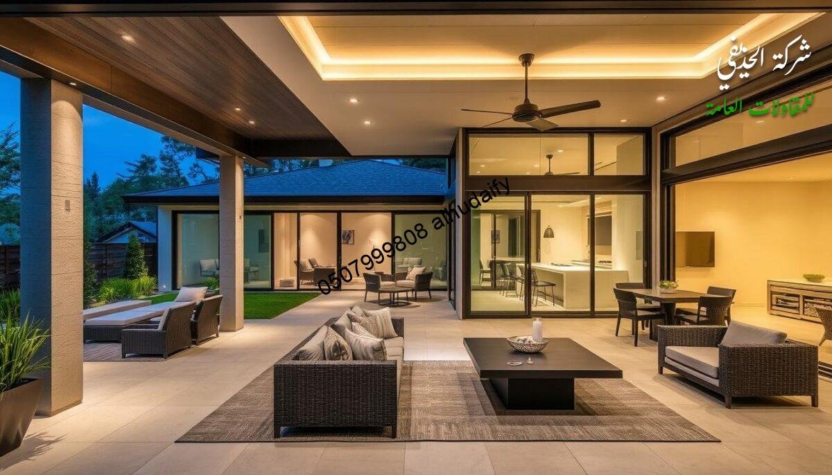 A modern outdoor living space with glass-enclosed lounges and dining areas, featuring insulated sandwich panel walls and ceilings. Sleek, contemporary design elements create a luxurious ambiance, with subtle lighting that casts a warm glow. The space seamlessly blends indoor and outdoor living, offering a serene oasis for relaxation and entertaining. Expertly crafted details and high-quality materials showcase the exceptional workmanship and attention to detail that define the services provided.