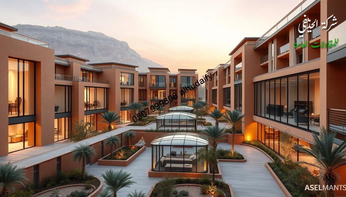 A modern residential and commercial complex nestled in a serene urban landscape. Sleek, minimalist facades in warm earthy tones blend seamlessly with the surroundings. Expansive glass panels flood the interiors with natural light, seamlessly integrating indoor and outdoor spaces. Elegant curved roofs, clean lines, and carefully curated landscaping create a harmonious, contemporary aesthetic. The complex features private glass-enclosed lounge areas, perfectly suited for relaxation or entertainment. Precise lighting accentuates the architectural details, establishing a refined, upscale ambiance. An inspiring vision of modern Saudi Arabian design, blending functionality and aesthetic appeal.