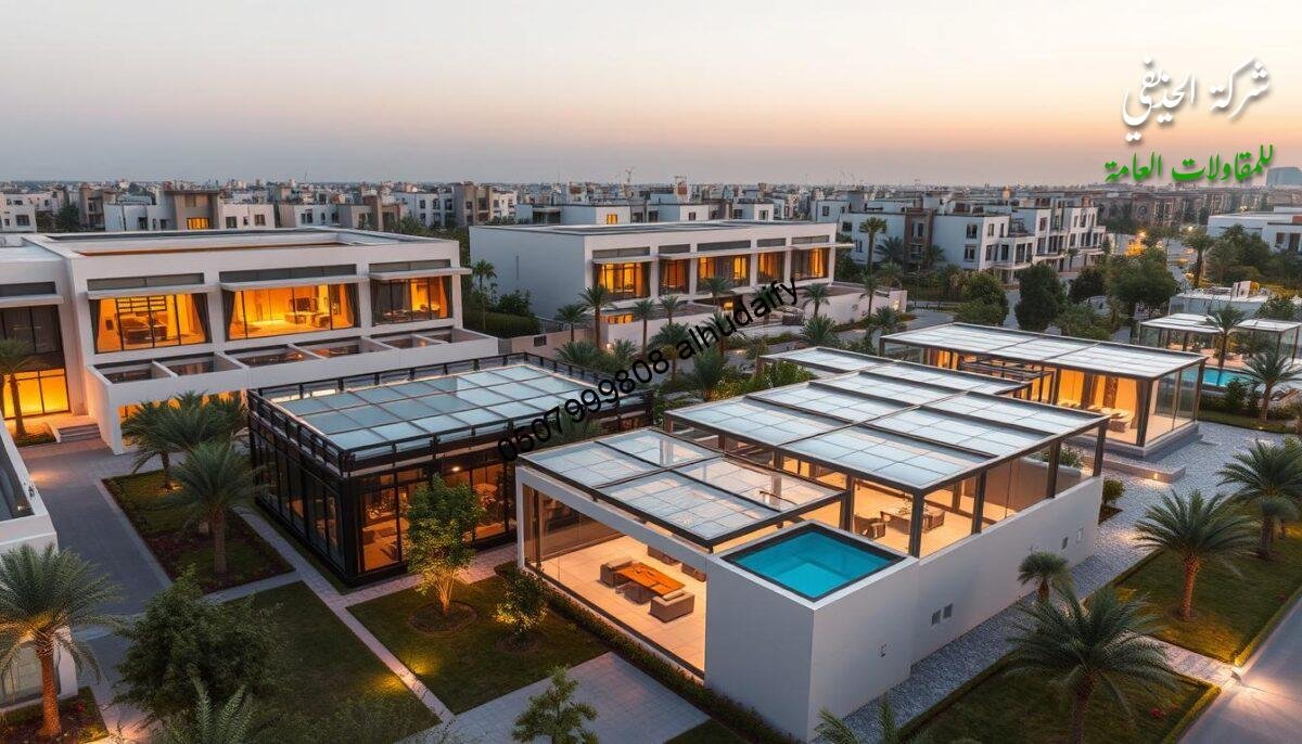 A modern residential and commercial development situated in the heart of the Eastern Province of Saudi Arabia. Sleek glass-enclosed exterior pavilions and lounges, featuring thermally insulated sandwich panel walls and ceilings, seamlessly blending indoor and outdoor living. The buildings' clean lines, large windows, and subdued color palette create a harmonious, contemporary aesthetic. Warm lighting casts a gentle glow, highlighting the architectural details and evoking a serene, inviting atmosphere. Lush greenery and well-manicured landscaping surround the complex, complementing the modern design. An aerial perspective showcases the project's cohesive layout and integration with the local environment.