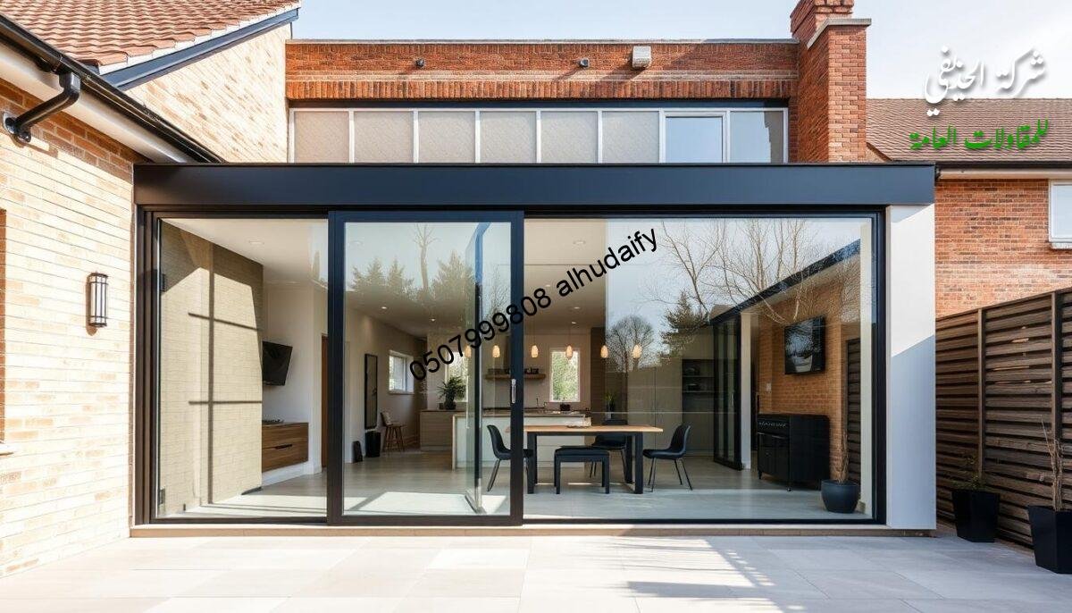 A modern, sleek, and energy-efficient outdoor glass extension, with insulated sandwich panel walls and ceilings, seamlessly integrated into the existing structure. Abundant natural light floods the space, creating a warm and inviting atmosphere. The contemporary design features clean lines, minimalist aesthetic, and high-quality materials, showcasing the latest construction techniques and innovations in the region. The structure blends harmoniously with the surrounding architecture, reflecting the sophistication and attention to detail of the completed project.