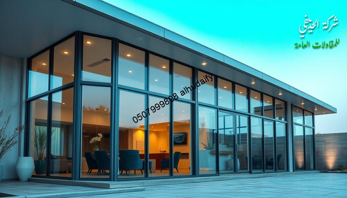 A modern, sleek exterior of a glass-enclosed outdoor living space, featuring insulated sandwich panels forming the walls and roofing. Soft, natural lighting illuminates the clean lines and seamless integration of the panels, creating a harmonious and energy-efficient structure. The composition showcases the advanced construction techniques and high-quality materials used, reflecting the expertise and innovation of the Alhudaithy Company in metal frame building solutions. A modern, sleek exterior of a glass-enclosed outdoor living space, featuring insulated sandwich panels forming the walls and roofing. Soft, natural lighting illuminates the clean lines and seamless integration of the panels, creating a harmonious and energy-efficient structure. The composition showcases the advanced construction techniques and high-quality materials used, reflecting the expertise and innovation of the Alhudaithy Company in metal frame building solutions.