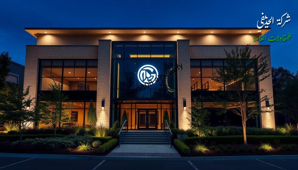 A modern, sleek exterior office building with a prominent company logo prominently displayed on the facade. The structure features a mix of glass, steel, and sandstone materials, creating a sophisticated and professional appearance. The building is surrounded by lush landscaping, including well-manicured gardens and trees, conveying a sense of care and attention to detail. Subtle yet effective lighting illuminates the building, highlighting its architectural features and creating a warm, inviting atmosphere. The overall impression is one of a successful, forward-thinking construction company dedicated to quality and innovation.