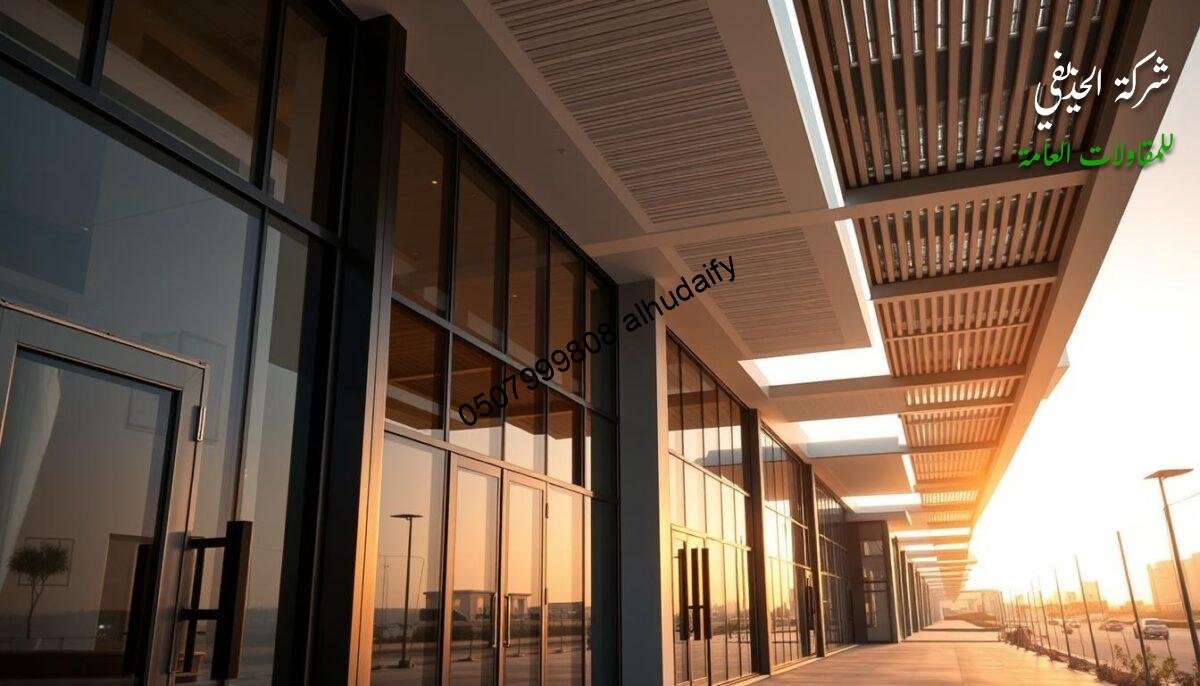 A modern, sleek exterior with glass walls and isolated insulated sandwich panel ceilings, showcasing the latest in residential and commercial construction in Saudi Arabia. The foreground features detailed architectural elements like window frames, trims, and building materials, while the middle ground displays the scale and layout of the modular structure. The background depicts a serene urban setting, with a soft, warm lighting illuminating the scene to create a sense of contemporary elegance and sophistication. The overall composition emphasizes the precision, quality, and cost-effectiveness of the building techniques highlighted in the article's "Prices and Estimated Costs" section.