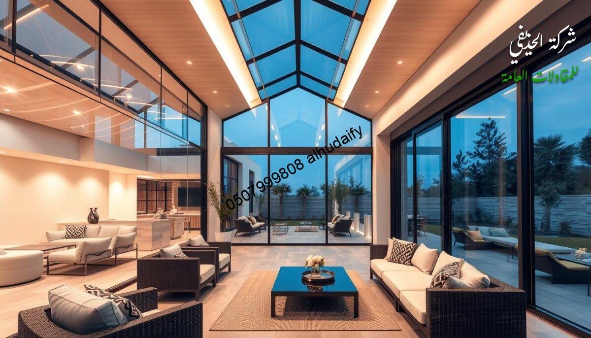 A modern, upscale outdoor living space with glass-enclosed rooms and lounges, featuring insulated sandwich panel walls and ceilings. The space is bathed in warm, natural lighting, creating a luxurious and inviting atmosphere. Sleek, minimalist furniture and fixtures complement the contemporary architectural design. Precise construction details and high-quality materials showcase the exceptional craftsmanship and attention to detail that define the builder's expertise. The image should emphasize the cost-effective yet premium quality of the build, highlighting the value proposition for potential customers.