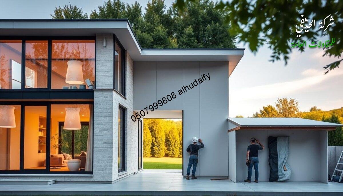 A modern villa undergoing a comprehensive renovation. The facade features a mix of glass panels and light-colored stone, creating a sleek and contemporary aesthetic. Warm, natural lighting filters through the large windows, illuminating the clean lines and minimalist design. The middle ground showcases the careful attention to detail, with workers meticulously installing the insulated sandwich panel walls and roof, ensuring optimal energy efficiency. In the background, a lush, verdant landscape provides a serene, natural contrast to the architectural elements. The overall scene conveys a sense of progress, innovation, and a commitment to sustainable construction practices.