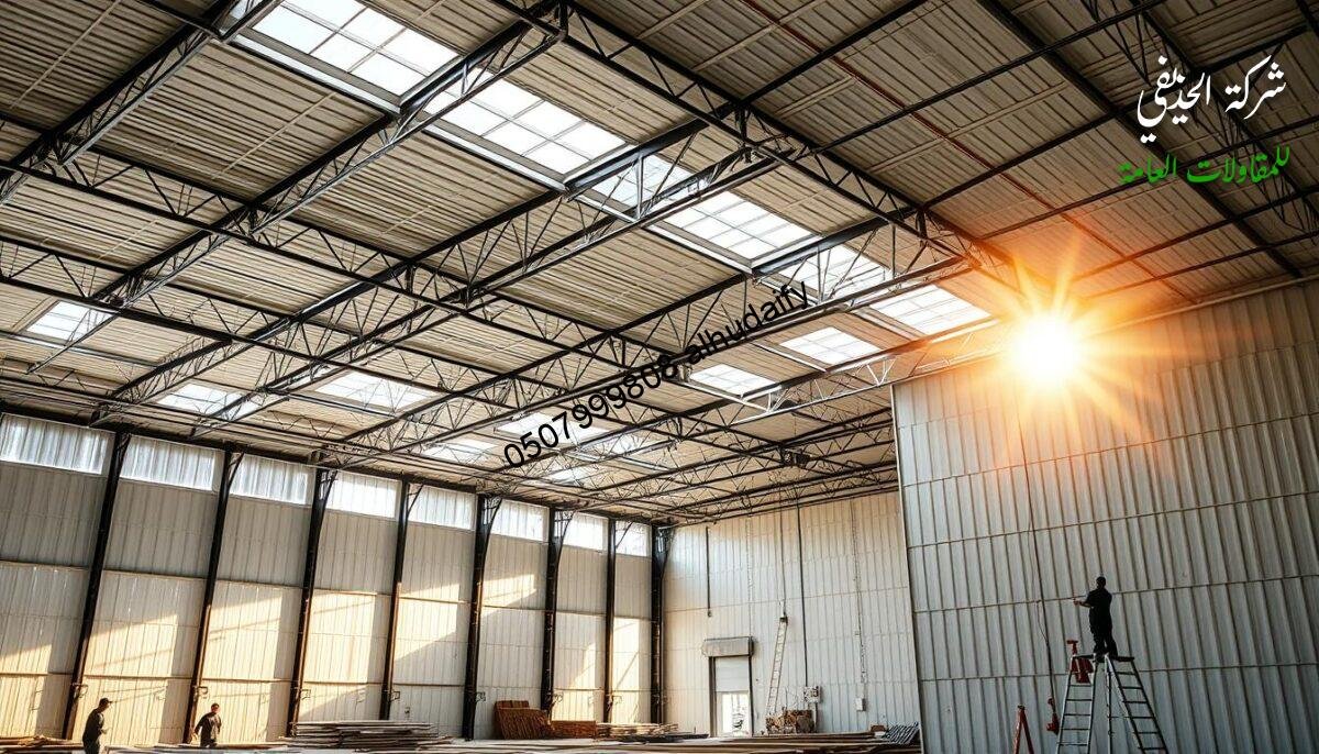 A modern warehouse interior with sleek, interlocking sandwich panels covering the walls and ceiling. Sunlight streams in through expansive windows, casting a warm, inviting glow across the space. The panels exhibit a seamless, uniform texture, with precisely aligned edges and corners. A team of skilled workers carefully installs the panels, their movements precise and efficient. The scene conveys a sense of order, functionality, and attention to detail - reflecting the expertise required to properly construct a high-quality sandwich panel system.