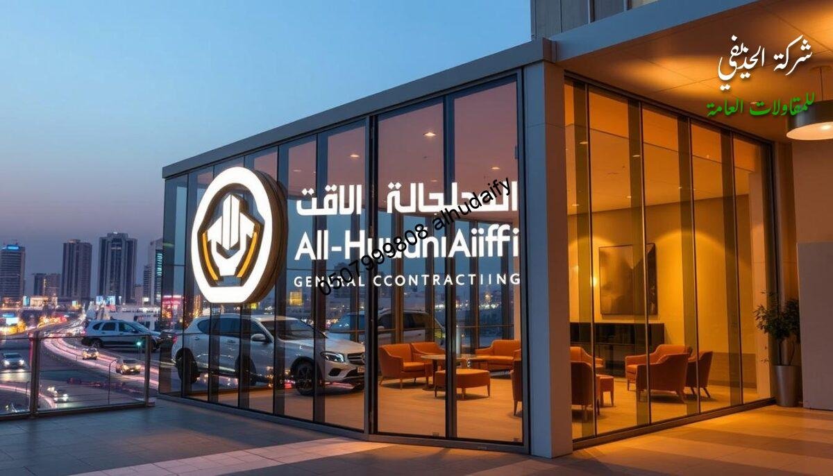 A modern, well-established construction company in Saudi Arabia, Al-Hudhaifi General Contracting showcases its expertise in building sleek, energy-efficient glass rooms and lounges with insulated sandwich panel walls and ceilings. Set against a backdrop of a bustling urban landscape, the company's logo stands prominently, conveying a sense of professionalism and quality craftsmanship. Warm lighting illuminates the structure, creating a welcoming atmosphere. The scene exudes a harmonious blend of contemporary design and practical functionality, reflecting the company's commitment to delivering innovative solutions for rapid construction and superior insulation.