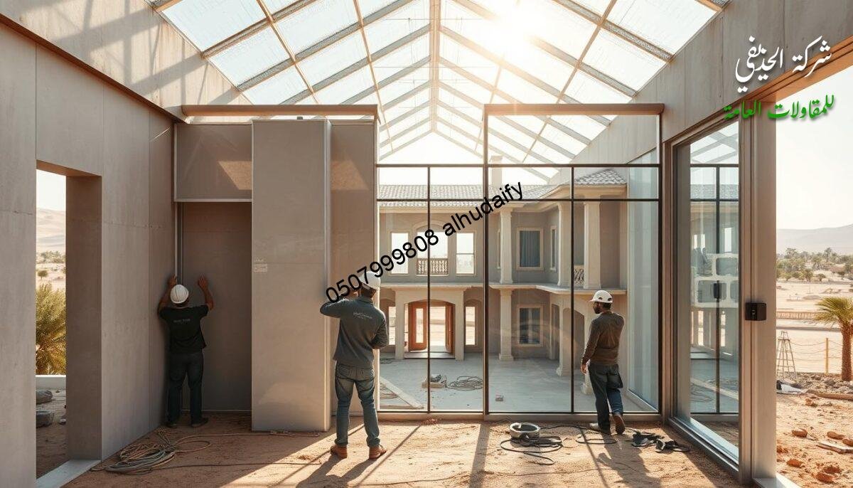 A modern, well-lit construction site showcasing the intricate engineering of a historic villa restoration in Dammam. In the foreground, workers carefully install insulated sandwich panels to form the walls and roof of a new glass atrium addition. The middle ground reveals the villa's original structure, its traditional architectural elements meticulously preserved. Sunlight streams through the glass enclosure, casting warm shadows across the worksite. The background features the lush greenery and desert landscape characteristic of the Eastern Province. An atmosphere of precise craftsmanship and seamless integration of old and new.