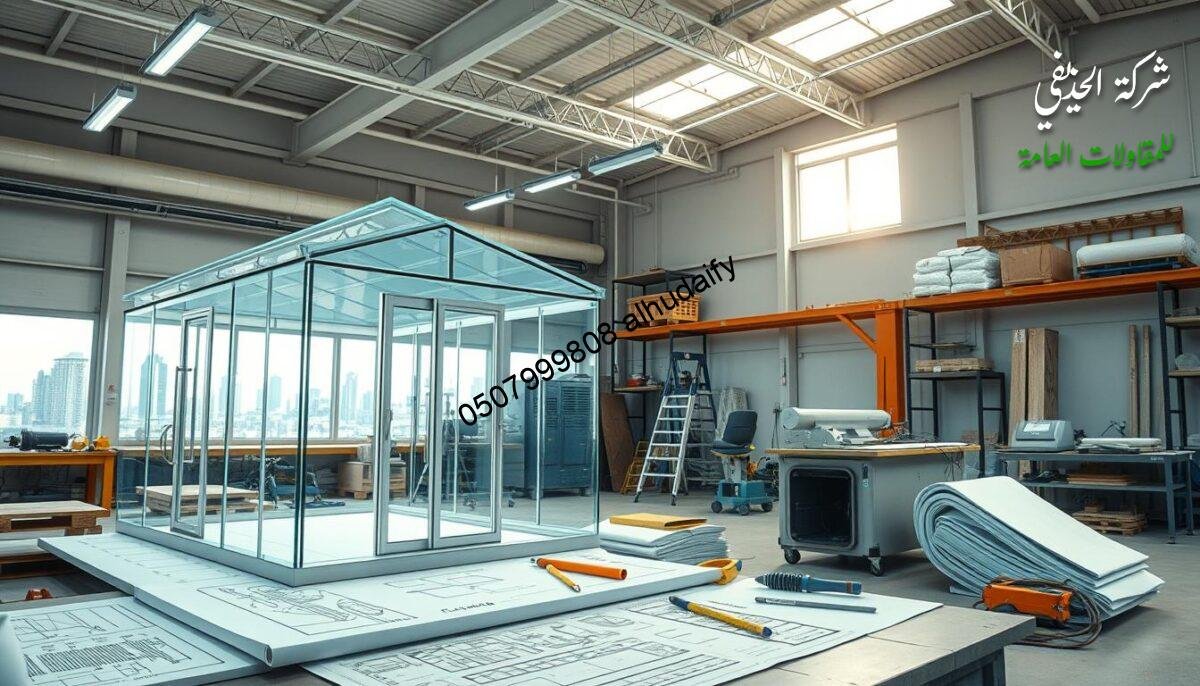 A modern, well-lit engineering workshop showcasing high-quality construction techniques. The foreground features a detailed 3D model of a glass-enclosed outdoor room, its walls and ceiling composed of insulated sandwich panels. In the middle ground, blueprints, tools, and safety equipment convey the precision and care taken during the engineering and building process. The background depicts an urban skyline, hinting at the successful integration of this project into the local landscape. The overall scene exudes a sense of professionalism, quality control, and cutting-edge engineering excellence.