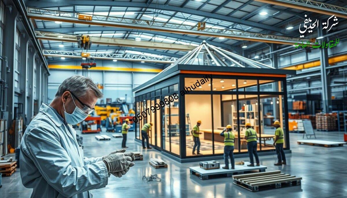 A modern, well-lit industrial facility with a focus on quality control and assurance. In the foreground, a technician in a clean, white lab coat carefully inspects a metal component under the glow of bright task lighting. In the middle ground, a team of workers meticulously assembles a sleek, glass-enclosed outdoor living space, utilizing insulated sandwich panels. The background showcases the facility's robust infrastructure, with towering cranes and carefully organized storage areas. The overall atmosphere conveys a sense of precision, efficiency, and a commitment to delivering exceptional quality in the construction of modern, high-performance metal structures. A modern, well-lit industrial facility with a focus on quality control and assurance. In the foreground, a technician in a clean, white lab coat carefully inspects a metal component under the glow of bright task lighting. In the middle ground, a team of workers meticulously assembles a sleek, glass-enclosed outdoor living space, utilizing insulated sandwich panels. The background showcases the facility's robust infrastructure, with towering cranes and carefully organized storage areas. The overall atmosphere conveys a sense of precision, efficiency, and a commitment to delivering exceptional quality in the construction of modern, high-performance metal structures.