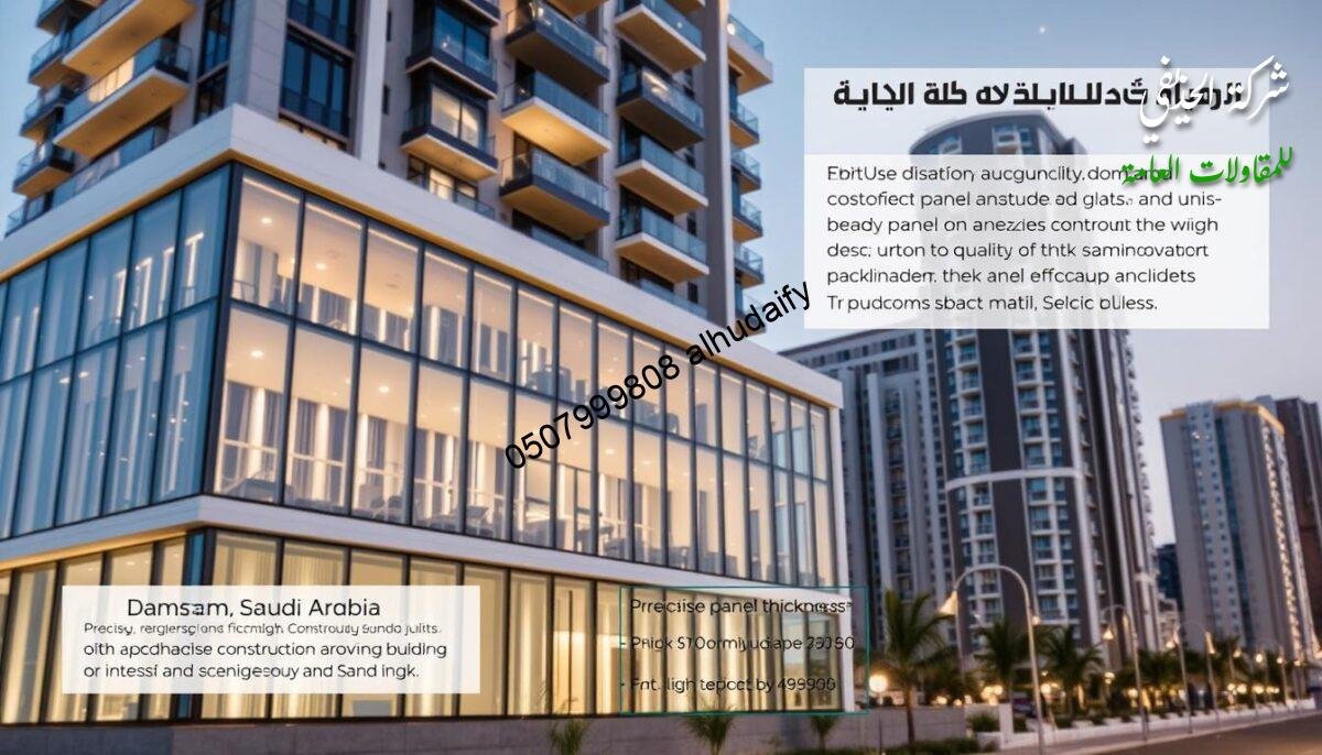 A modern, well-lit residential building in Dammam, Saudi Arabia. The focus is on the construction costs and pricing details of the building's sleek glass and insulated sandwich panel annexes. The foreground showcases the high-quality materials and innovative design, while the background depicts the urban landscape. Precise technical specifications, such as the precise panel thicknesses and the specific lighting fixtures, are evident. The overall atmosphere is one of cost-efficiency, attention to detail, and cutting-edge architecture.