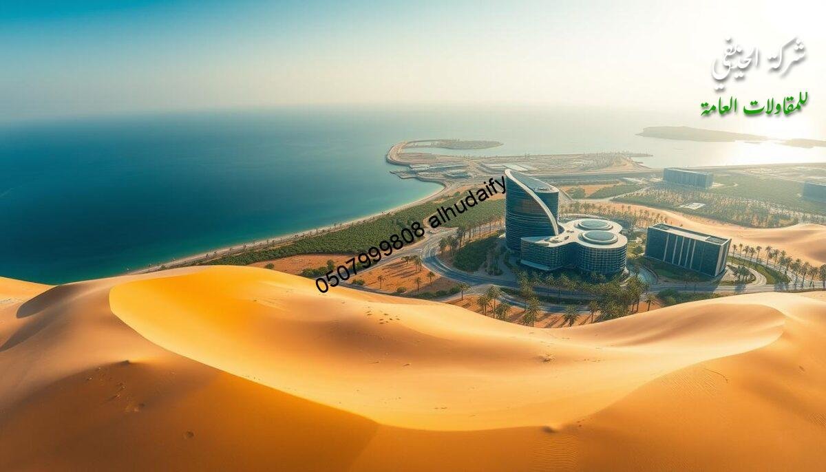 A panoramic aerial view of the Eastern Province of Saudi Arabia, showcasing its diverse landscapes. Vast desert dunes stretch out in the foreground, their warm hues contrasted by the cool blues of the tranquil Persian Gulf in the distance. Lush palm groves dot the horizon, interspersed with modern architectural marvels - sleek, glass-paneled buildings that glisten under the bright, golden sunlight. The scene conveys a harmonious blend of natural wonders and cutting-edge design, reflecting the region's blend of tradition and innovation. The image should be captured with a wide-angle lens to emphasize the grand scale and seamless integration of the environment and architecture.