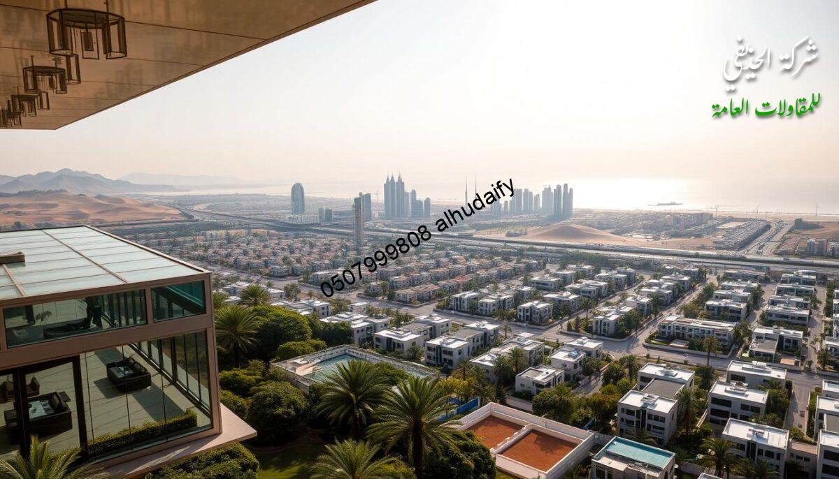 A panoramic aerial view of the Eastern Province of Saudi Arabia, showcasing its diverse urban and rural landscapes. In the foreground, modern glass-enclosed outdoor living spaces with sleek sandwich panel walls and ceilings stand amidst lush, manicured gardens. The midground features bustling city centers with towering skyscrapers and residential neighborhoods, their rooftops and facades reflecting the warm, golden hue of the sun. The background is dominated by rolling hills, sandy dunes, and the shimmering waters of the Persian Gulf, creating a harmonious blend of nature and urban development. The scene conveys a sense of progress, comfort, and community, perfectly embodying the skilled restoration and construction services offered by the Alhuthayfi Contracting Company.