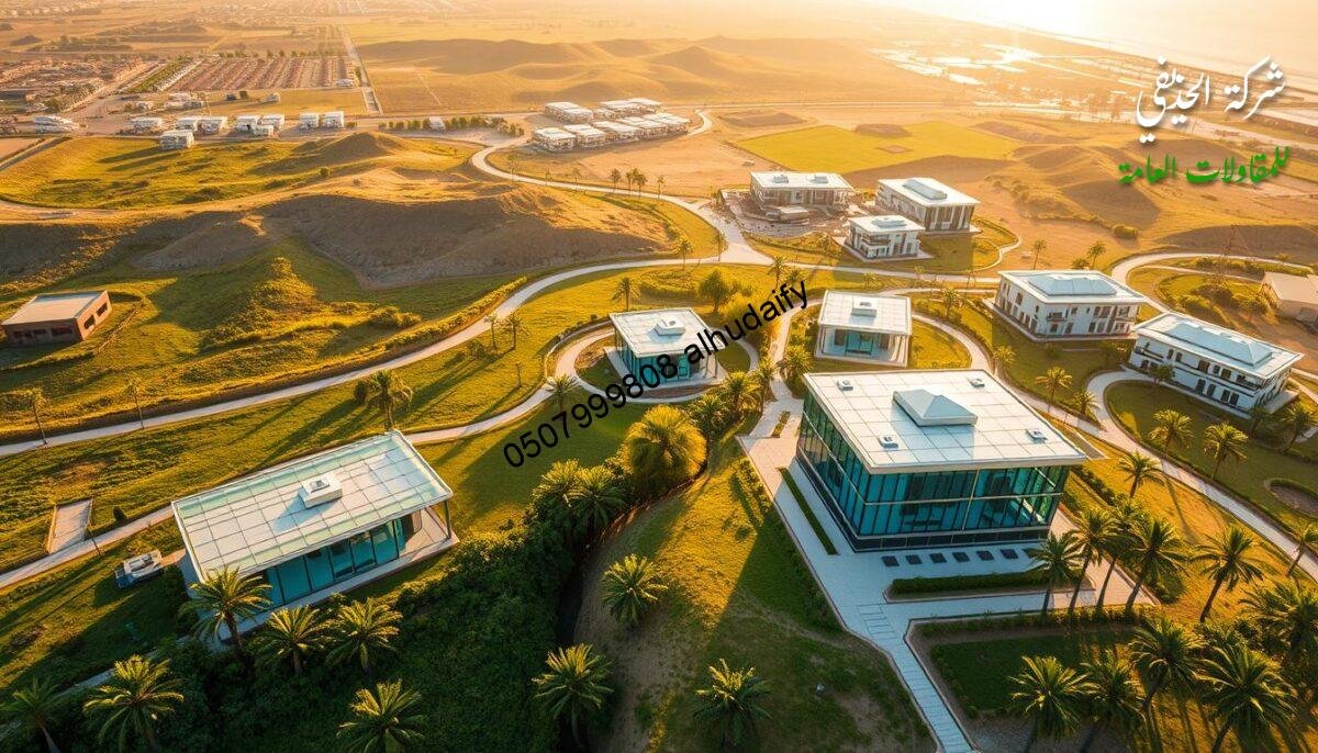 A panoramic aerial view of the Eastern region of Saudi Arabia, showcasing the modern, glass-enclosed outdoor lounges and rooms built with insulated sandwich panel walls and ceilings. The scene depicts a lush, verdant landscape dotted with contemporary architectural structures, seamlessly blending the natural and built environments. Warm, golden sunlight bathes the scene, creating a serene and inviting atmosphere. The image conveys the expertise and quality craftsmanship of Al-Hadheyfi General Contracting Company in their construction projects throughout the Eastern province.