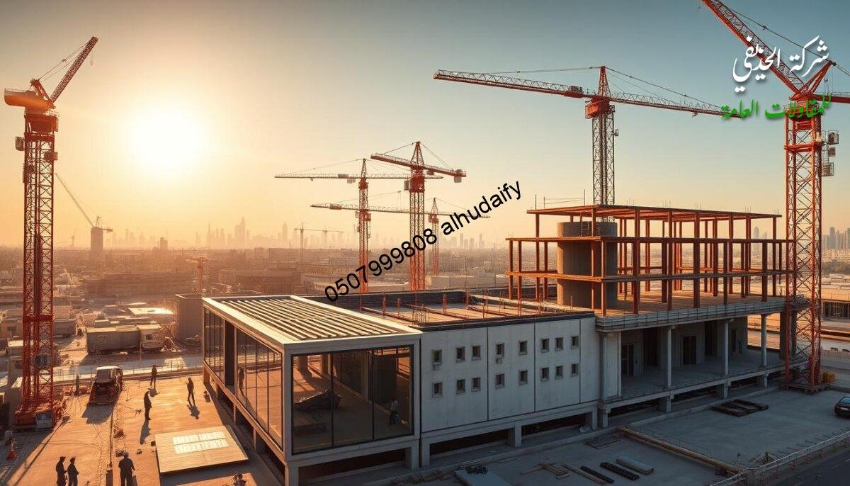 A panoramic view of a bustling construction site, featuring towering cranes and workers toiling diligently to erect a new infrastructure project. The scene is bathed in warm, golden sunlight, casting long shadows and highlighting the intricate interplay of glass, steel, and concrete. In the foreground, a sleek, modern annex with insulated sandwich panel walls and roof stands as a testament to the project's innovative design. The middle ground showcases the ongoing construction, with workers carefully assembling the framework of a larger structure. In the background, the skyline of Dammam is visible, hinting at the broader context of urban development and the significance of this infrastructure project. The overall mood exudes a sense of progress, efficiency, and the transformative power of well-executed infrastructure initiatives.