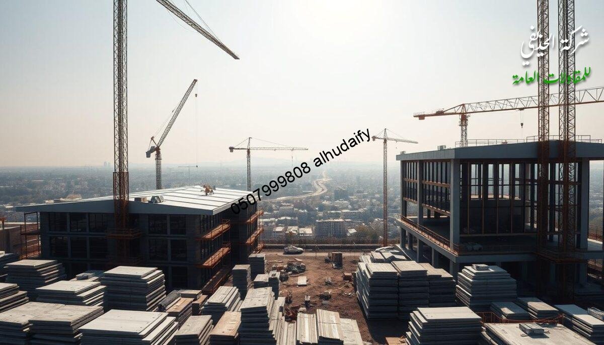 A panoramic view of a bustling construction site, where workers diligently erect a series of sleek, modern structures. Towering cranes cast dynamic shadows across the scene, as the sun filters through a hazy sky. The foreground features piles of building materials, including insulated sandwich panels and glass panels, ready to be integrated into the emerging annexes and glass rooms. In the middle ground, the structures take shape, showcasing clean lines and innovative designs that blend seamlessly with the surrounding environment. The background is filled with a cityscape, hinting at the integration of these new buildings into the existing urban landscape. The overall atmosphere conveys a sense of progress, efficiency, and a commitment to modern architectural solutions.