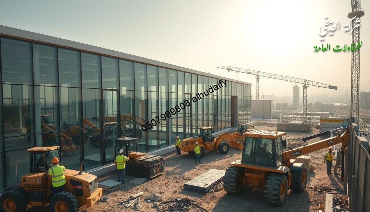 A panoramic view of a construction site in Dammam, showcasing the installation of modern annexes and glass rooms. The scene features insulated sandwich panel walls and roofs, creating a sleek and energy-efficient structure. Sunlight streams through the glass, illuminating the workspace and highlighting the attention to detail in the construction process. Heavy machinery and workers in reflective gear populate the foreground, conveying a sense of efficient, professional execution. The background showcases the cityscape, emphasizing the integration of this infrastructure project within the urban landscape. The overall mood is one of progress, precision, and a commitment to high-quality, cost-effective construction solutions.