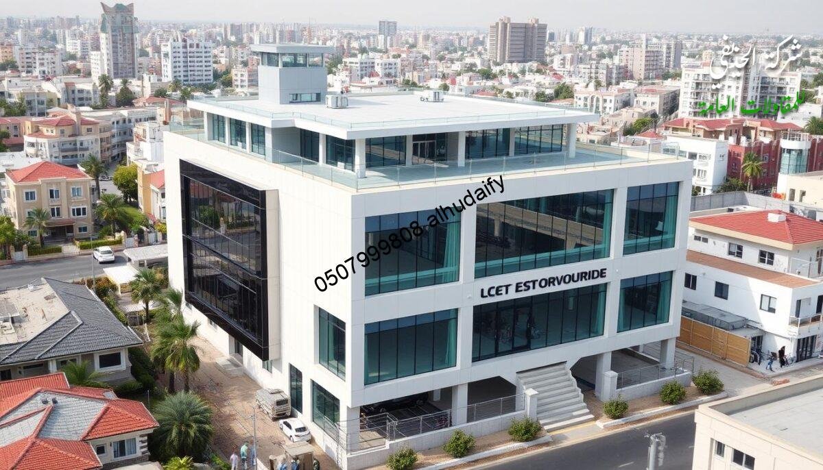 A professional commercial contractor in the Eastern Province, constructing modern glass-enclosed additions and annexes with insulated sandwich panel walls and roofs. Situated in a bustling urban area, the contractor's office building features a sleek, contemporary design with large windows and a prominent signage. The surrounding environment is a mix of residential and commercial structures, reflecting the diverse nature of the region. The image captures the contractor's expertise in blending modern construction techniques with the unique architectural style of the Eastern Province.