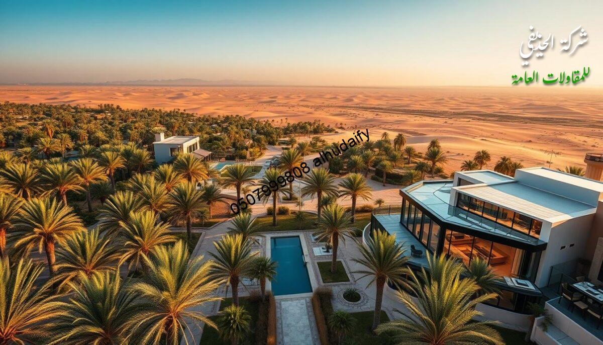 A scenic landscape showcasing the key regions serviced by the Alhudaiafi company in Eastern Saudi Arabia. A sprawling panorama of lush palm groves, sun-dappled desert expanses, and gleaming modern villas with elegant glass-encased outdoor living spaces. Warm, golden lighting illuminates the scene, captured with a wide-angle lens to emphasize the grand scale. The overall atmosphere is one of prosperity, sophistication, and a harmonious integration of traditional and contemporary architectural styles. The image should convey the company's expertise in constructing premium detached glass rooms, lounges, and pavilions tailored to the unique demands of the Eastern Province's climate and culture.