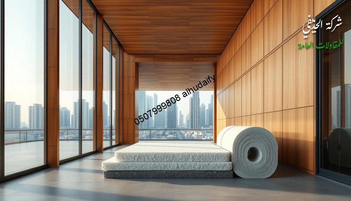 A serene, architectural scene showcasing the elegance of thermal insulation systems. Sleek, minimalist sandwich panels in warm, earthy tones form the exterior walls, seamlessly blending with the glass facade that allows natural light to flood the space. The midground features a carefully curated arrangement of insulation materials, their textures and cross-sections visible, highlighting the technical prowess behind the thermal performance. The background subtly introduces the cityscape of Dammam, the modern buildings a testament to the widespread adoption of advanced insulation solutions. The overall composition radiates a sense of harmony, efficiency, and sustainable design, reflective of the high-quality insulation systems at the heart of this comprehensive comparison.