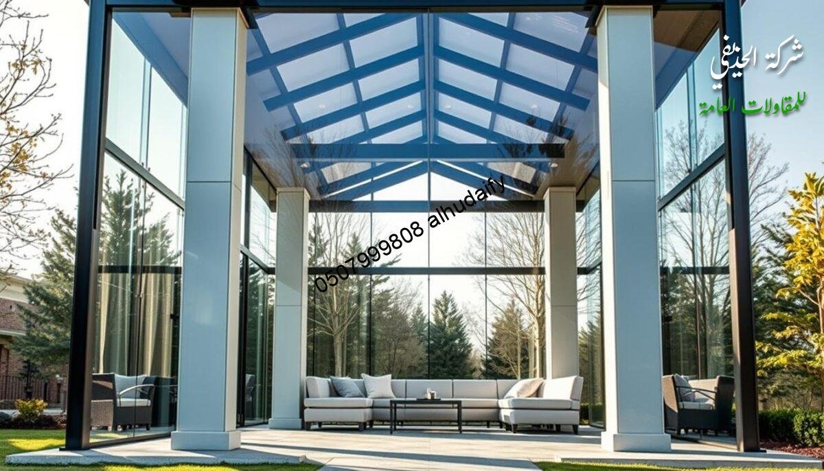 A serene glass-enclosed outdoor pavilion, illuminated by soft natural light filtering through high-quality insulated sandwich panels. Elegant columns support the sleek, modern structure, reflecting the attention to detail and commitment to quality craftsmanship. The interior features plush, comfortable seating, creating an inviting atmosphere for gatherings and relaxation. Meticulously designed and constructed to the highest standards, ensuring durability, energy efficiency, and a seamless integration with the surrounding environment. The pavilion exudes an aura of refinement and attention to quality, embodying the principles of "ضمان الجودة" (Quality Assurance).