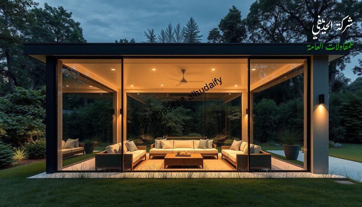 A serene outdoor pavilion with a modern, minimalist design. Sleek glass walls enclose a cozy lounge area, casting a warm, natural light throughout. The structure features insulated sandwich panel walls and ceiling, offering both thermal comfort and a chic aesthetic. Subtle lighting fixtures illuminate the space, creating a tranquil ambiance perfect for relaxation. The pavilion is situated in a lush, verdant setting, blending seamlessly with the surrounding landscape. Elegant yet functional, this contemporary outdoor room showcases the pinnacle of sophisticated outdoor living.