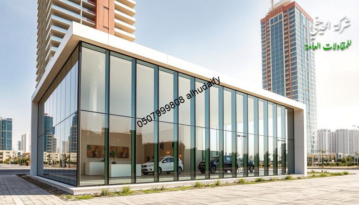 A sleek, contemporary annex with a glass facade, nestled amidst the bustling cityscape of Dammam. Expertly crafted using insulated sandwich panels, the structure seamlessly blends modern design with efficient thermal regulation. Abundant natural light floods the interior, creating a warm, inviting atmosphere. Carefully angled to capture the best views, the annex's clean lines and minimalist aesthetic embody the latest advancements in regional construction techniques. A harmonious interplay of glass, steel, and innovative materials, this annex exemplifies the forward-thinking approach of the Al-Huthayfi Company.