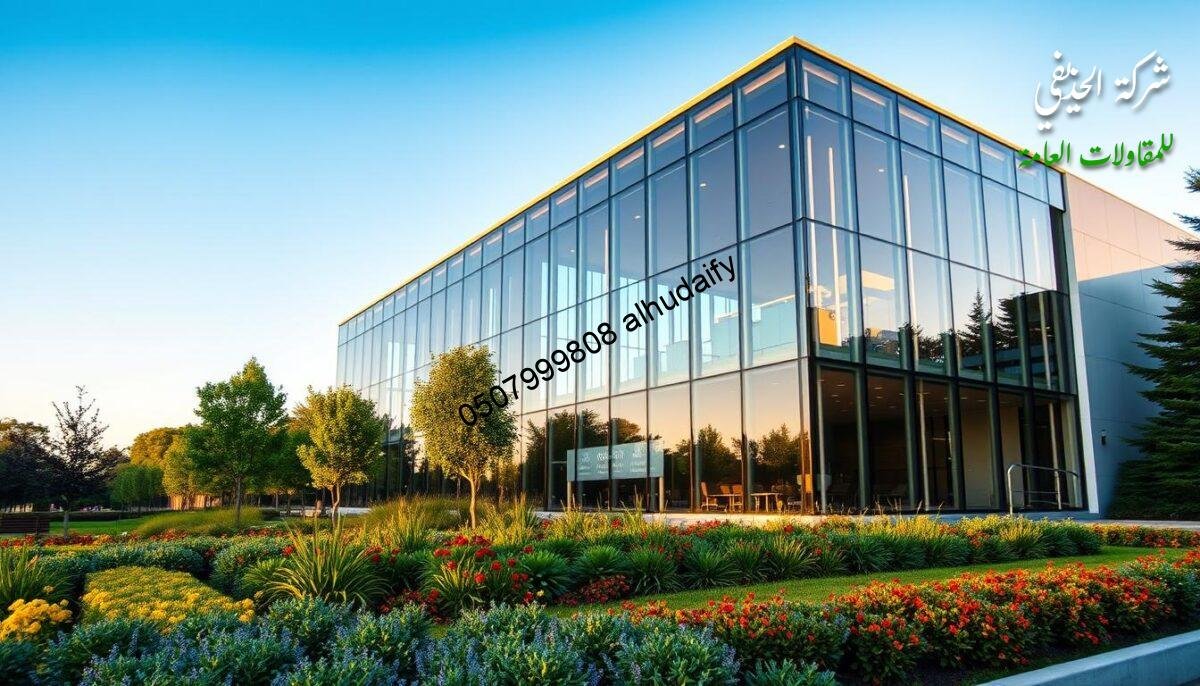 A sleek, contemporary glass-fronted building stands in the foreground, its façade gleaming under the warm, golden light of the sun. The structure's minimalist design features a harmonious balance of transparent and opaque elements, with floor-to-ceiling windows offering unobstructed views of the surrounding environment. In the middle ground, a beautifully landscaped garden frames the building, its lush greenery and vibrant colors providing a pleasing contrast to the clean, modern architecture. In the background, a clear blue sky stretches out, creating a sense of tranquility and openness. The overall scene conveys a feeling of innovation, elegance, and a seamless integration of indoor and outdoor spaces, reflecting the skilled execution of a previous glass renovation project.