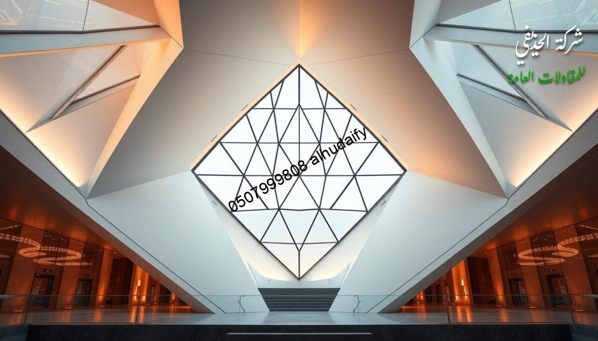 A sleek, geometric design featuring a harmonious interplay of geometric shapes and forms. A modern, minimalist aesthetic with clean lines, sharp angles, and a balanced composition. The structure is illuminated by warm, diffused lighting, casting soft shadows and highlighting the interplay of light and shadow. The design evokes a sense of elegance, innovation, and attention to detail, perfectly capturing the essence of the latest construction techniques in the Eastern region.