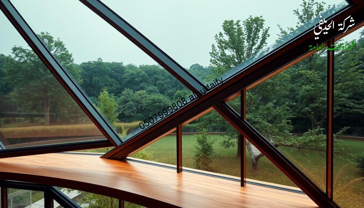 A sleek, minimalist geometric design featuring intersecting planes of glass and wood. The structure is bathed in soft, warm lighting, creating a serene, contemporary ambiance. The mid-ground showcases clean lines and precise angles, while the background suggests a lush, verdant landscape, hinting at a seamless integration between the built and natural environments. The overall composition conveys a sense of balance, functionality, and a touch of architectural elegance. The image should effectively illustrate the "مراحل التنفيذ بالتفصيل" section of the article on "تصميم وتنفيذ ملاحق خارجية خشبية عصرية".
