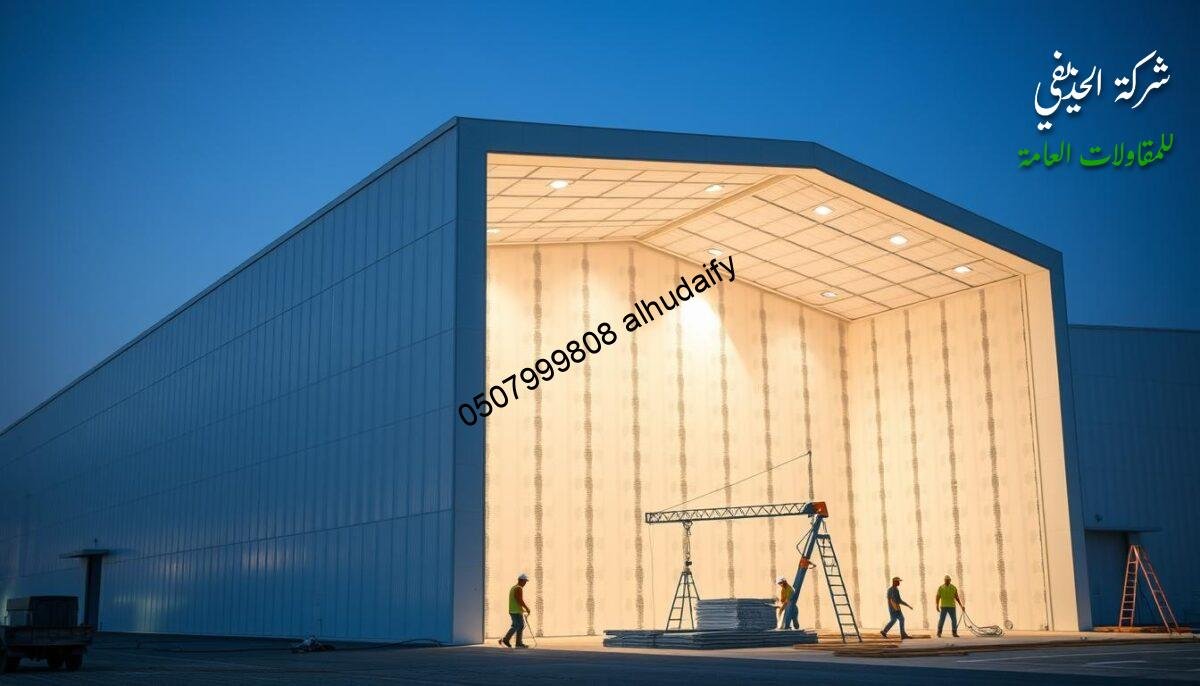 A sleek, minimalist warehouse-style structure stands tall, its walls and roof clad in pristine, interlocking sandwich panels. Soft, diffused lighting filters through the panels, casting a warm, inviting glow. In the foreground, workers meticulously install the panels, their movements precise and efficient. The scene captures the essence of modern construction, where innovative materials and techniques come together to create functional yet visually appealing spaces. The overall atmosphere conveys a sense of progress and industrious energy, reflecting the importance of this project in the Dammam, Khobar, and Qatif region.