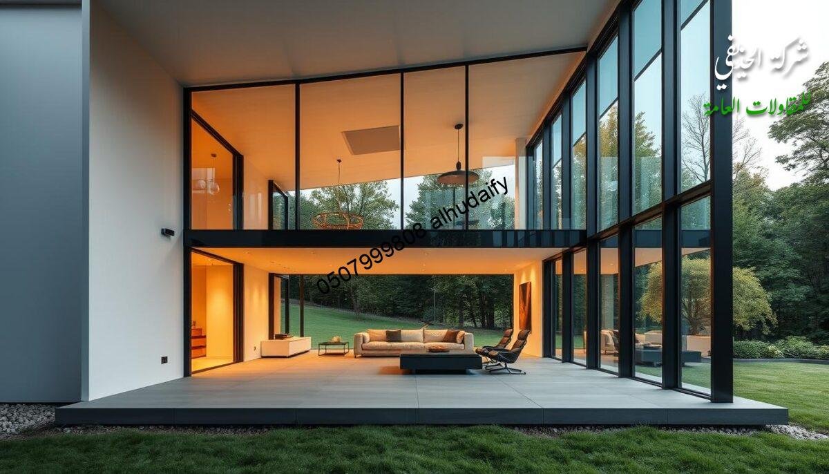 A sleek, modern glass annex with a minimalist design, featuring a seamless, column-free structure. The annex is bathed in warm, natural light, with large windows offering panoramic views of the surrounding landscape. The walls and roof are constructed with high-quality, thermally insulated sandwich panels, creating an energy-efficient and comfortable indoor environment. The clean, uncluttered lines and the lack of visible support columns give the space an airy, open feel, emphasizing the focus on maximizing usable area. The annex is situated in a lush, verdant setting, blending harmoniously with the natural surroundings and providing a tranquil, serene ambiance.